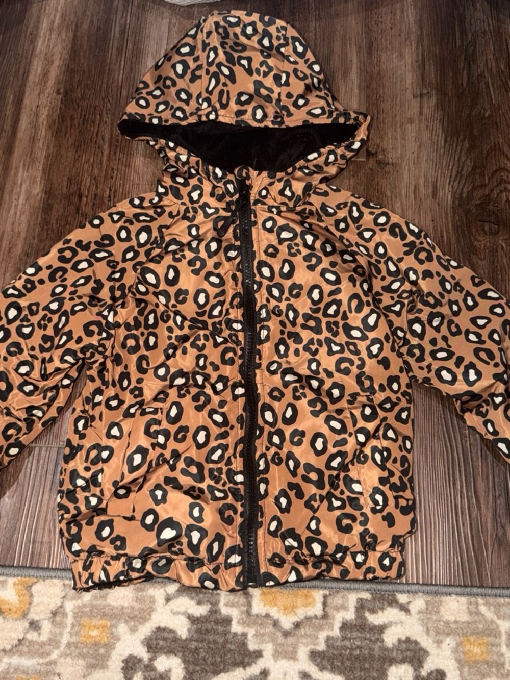 Kids Leopard Print Hooded Puffer Jacket - Tan/Black